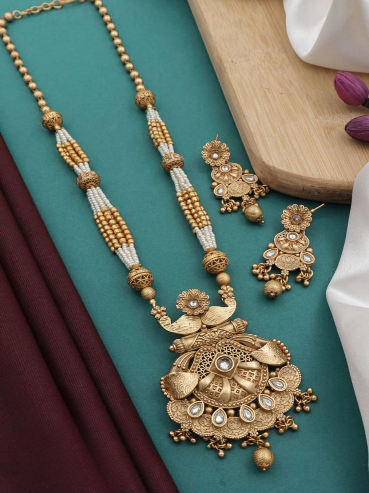 Trendy Rajwadi Gold Plated Pearl Mala Pendant set For Women Girl