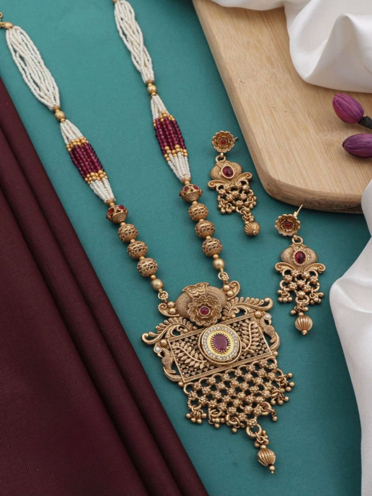 Trendy Rajwadi Gold Plated Pearl Mala Pendant set For Women Girl