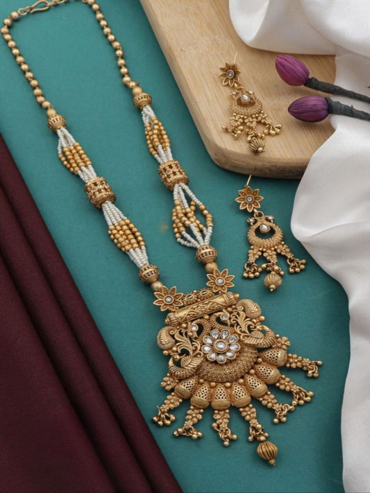 Trendy Rajwadi Gold Plated Pearl Mala Pendant set For Women Girl