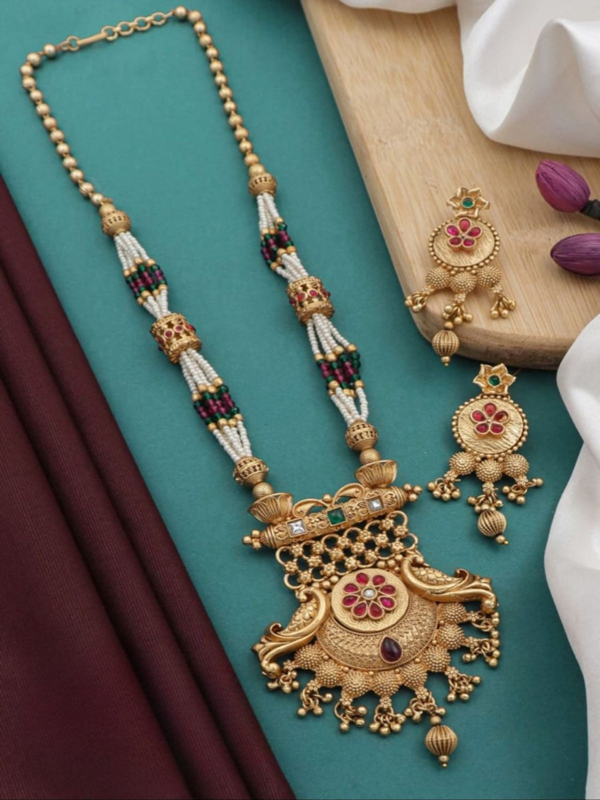 Trendy Rajwadi Gold Plated Pearl Mala Pendant set For Women Girl