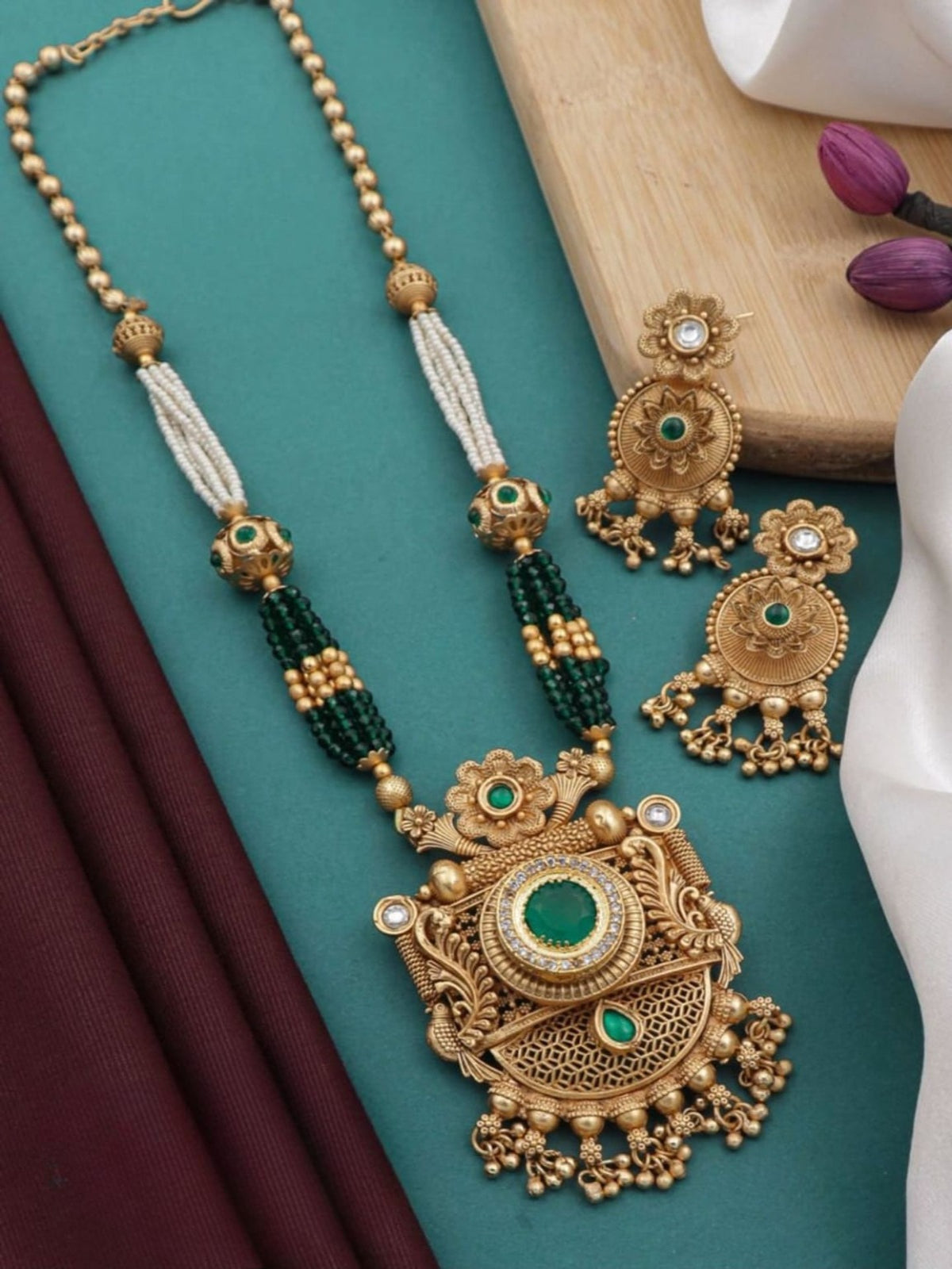 Trendy Rajwadi Gold Plated Pearl Mala Pendant set For Women Girl