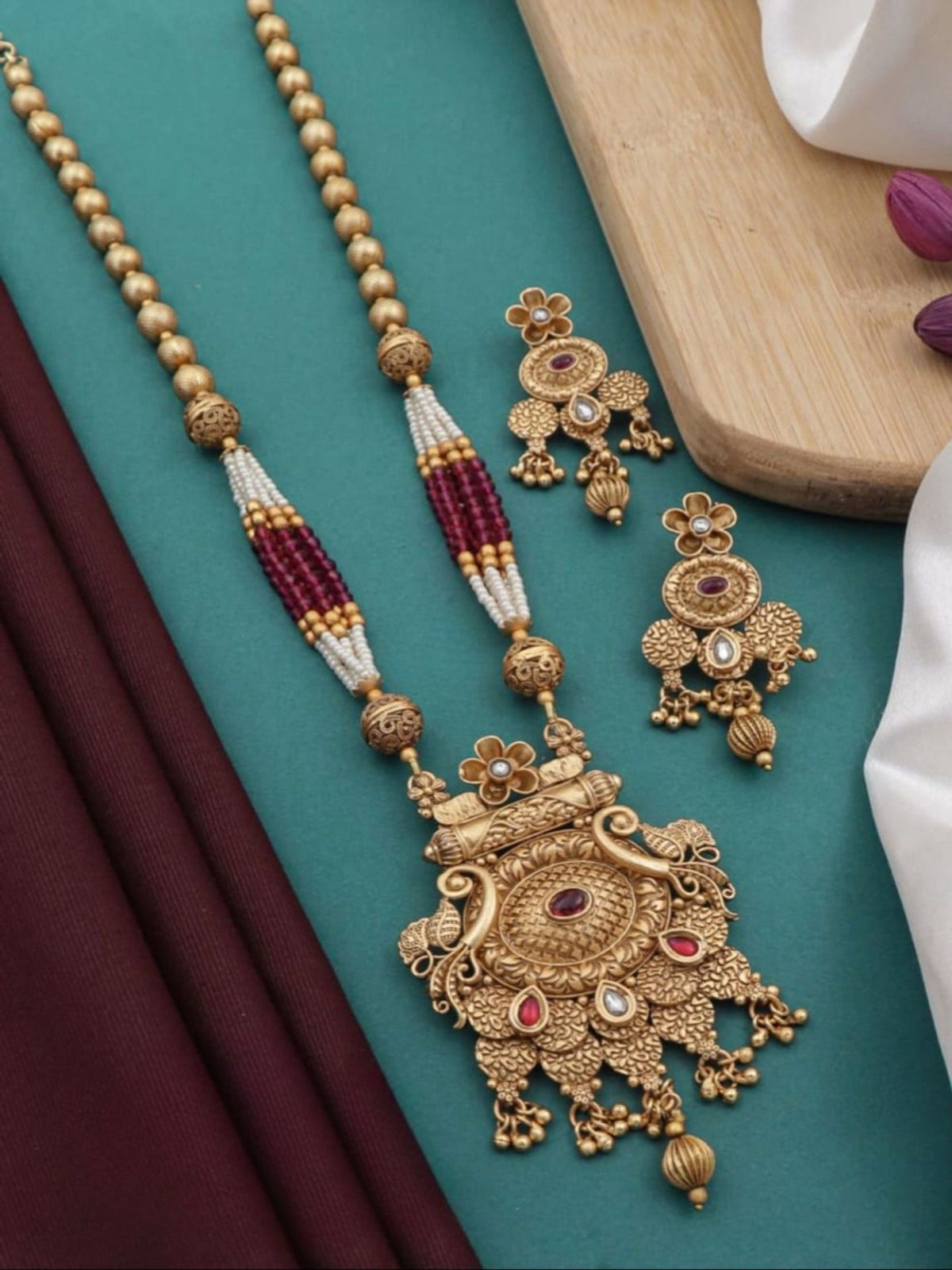 Trendy Rajwadi Gold Plated Pearl Mala Pendant set For Women Girl